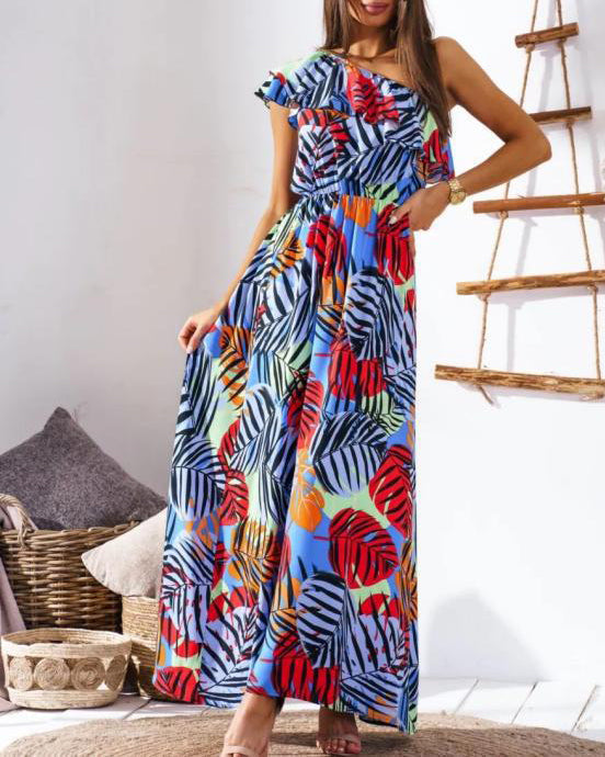 Nipped Waist Sexy Off The Shoulder Printed Long Dress