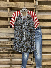Leopard print contrast color pullover round neck top women's T-shirt