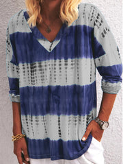 Fashion casual tie-dye stripes printed V-neck long-sleeved T-shirt women