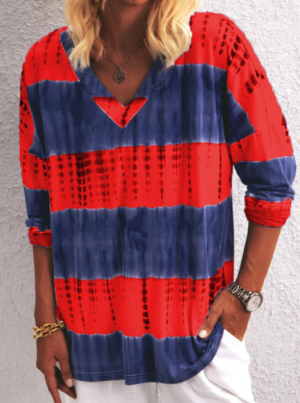 Fashion casual tie-dye stripes printed V-neck long-sleeved T-shirt women