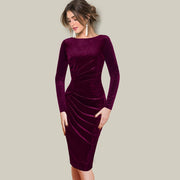 Fashion simple plus velvet pleated round neck autumn and winter long-sleeved hip dress
