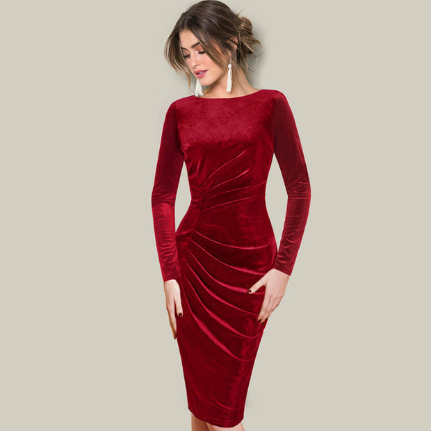Fashion simple plus velvet pleated round neck autumn and winter long-sleeved hip dress