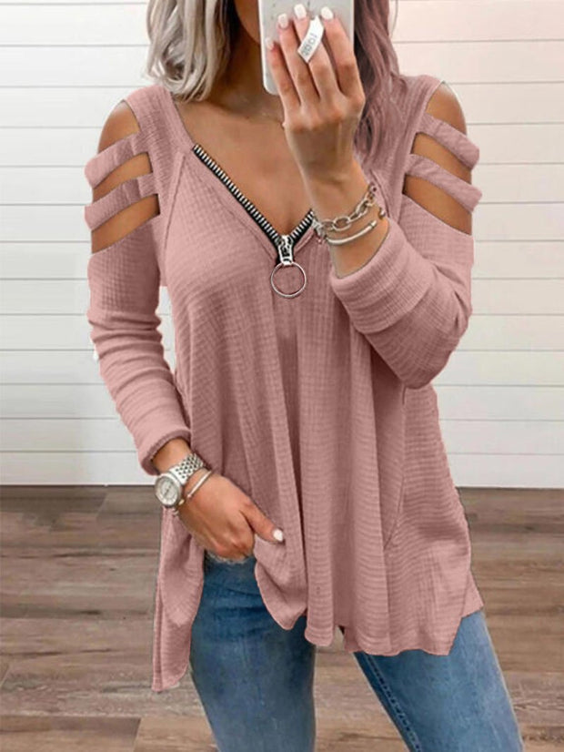 New style long-sleeved sexy low-cut zipper solid color shoulder strap long-sleeved T-shirt