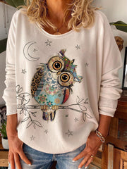 Owl print round neck loose T-shirt
