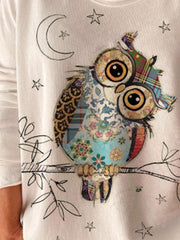 Owl print round neck loose T-shirt