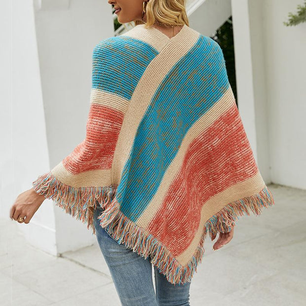 Striking color striped knitted cape fringed shawl