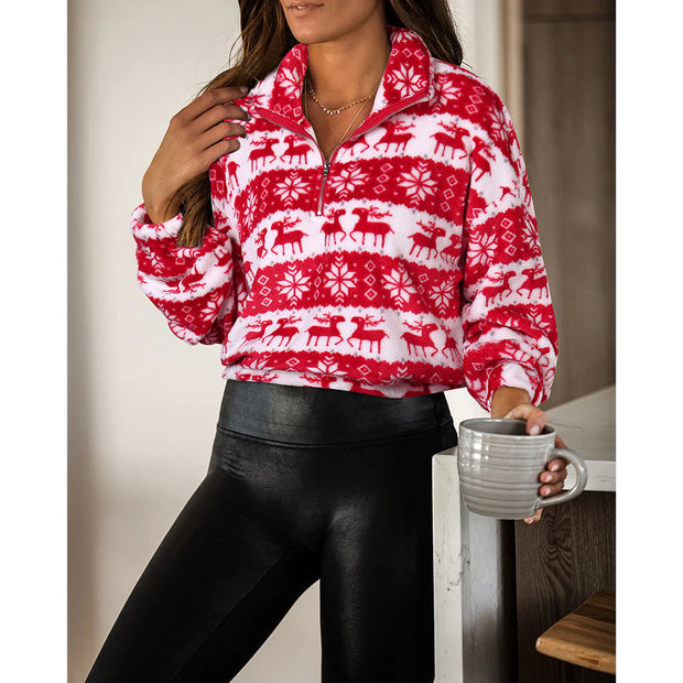 Christmas deer print plush long sleeve zipper sweater women