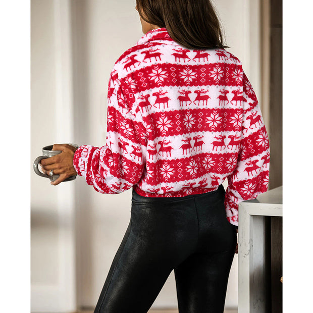 Christmas deer print plush long sleeve zipper sweater women