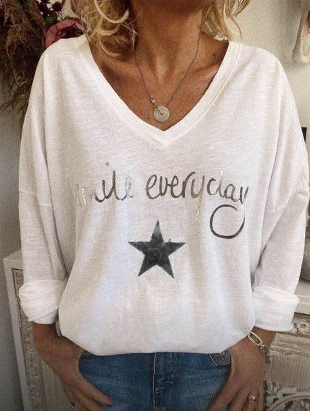 Fashion all-match casual loose V-neck long-sleeved printed T-shirt