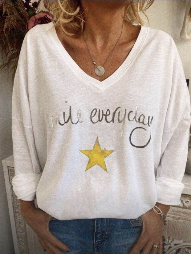 Fashion all-match casual loose V-neck long-sleeved printed T-shirt