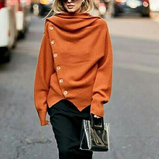 Street style fashion high neck single breasted solid color sweater