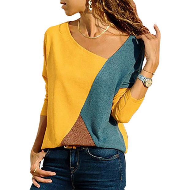 Fashion color matching irregular collar long-sleeved blouse women
