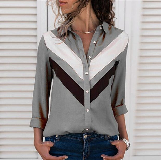 Fashion casual spring and summer chiffon shirt long-sleeved solid color stitching V-neck ladies top