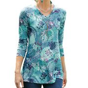 Fashion Temperament Printed Pullover Long Sleeve V-neck Slim Women's T-shirt