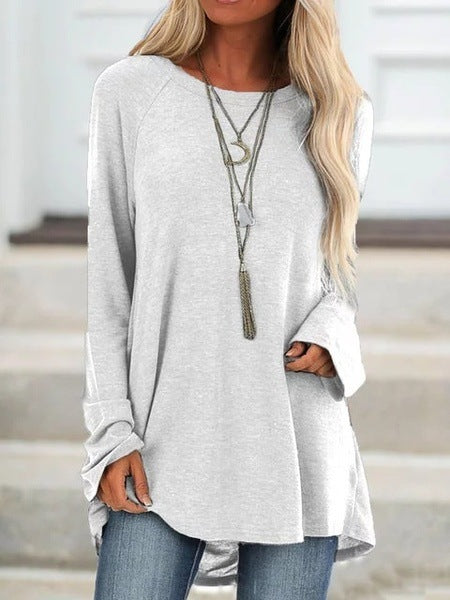 Fashion solid color casual large size round neck loose long sleeve pullover T-shirt