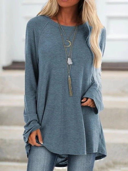 Fashion solid color casual large size round neck loose long sleeve pullover T-shirt