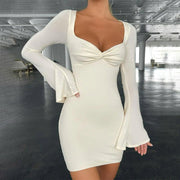 Solid color square neck flared sleeve slim sexy hip dress