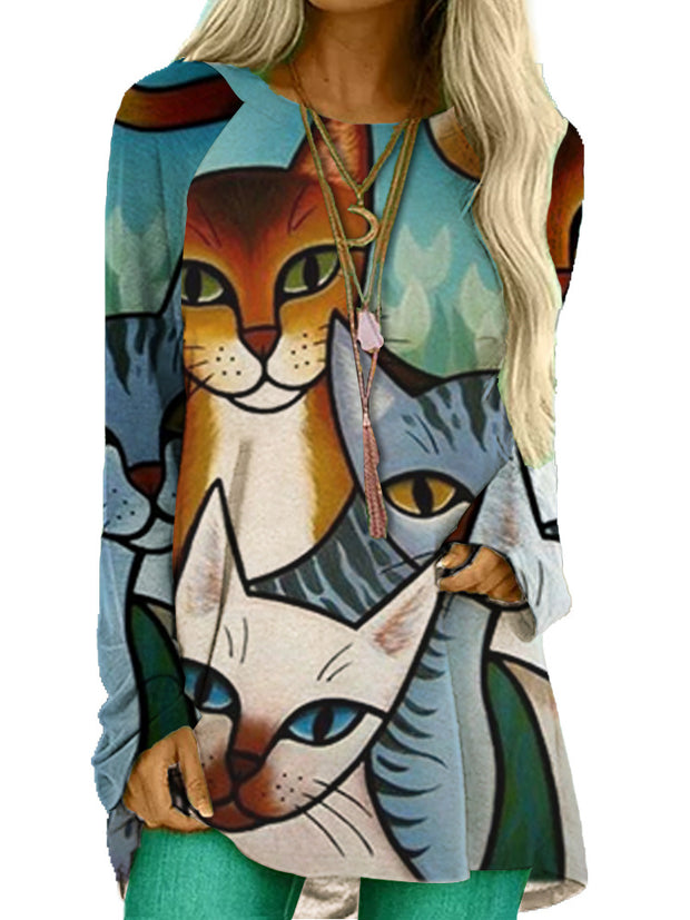 Fashion loose round neck animal cat print long sleeve top