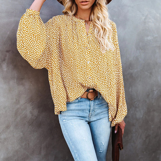 Fashion casual floral long sleeve V-neck loose casual shirt