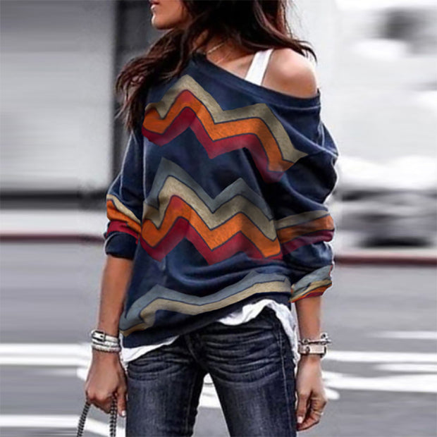 Fashion round neck striped color-blocking off-shoulder T-shirt