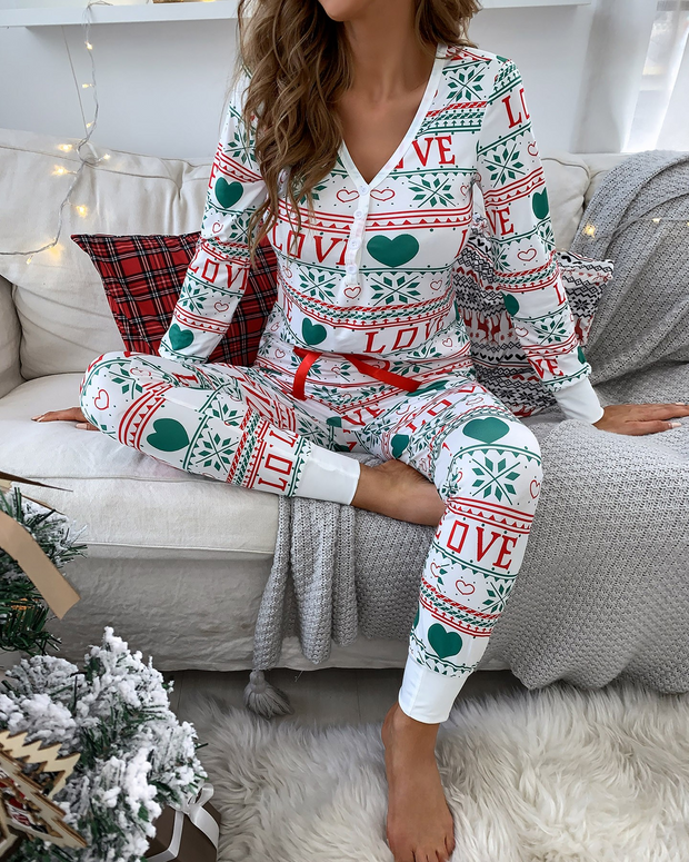 Christmas Mixed Print Bowknot Decor Pajamas Set