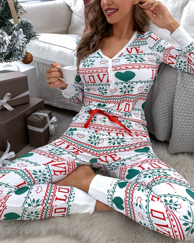Christmas Mixed Print Bowknot Decor Pajamas Set