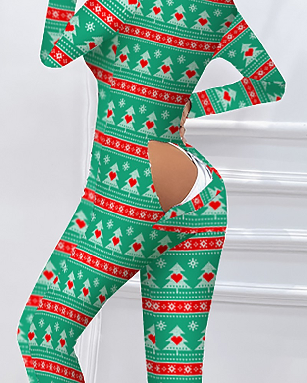 Christmas Tree Print Functional Buttoned Flap Adults Pajamas