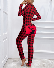 Christmas Graphic Plaid Print Functional Buttoned Flap Adults Pajamas