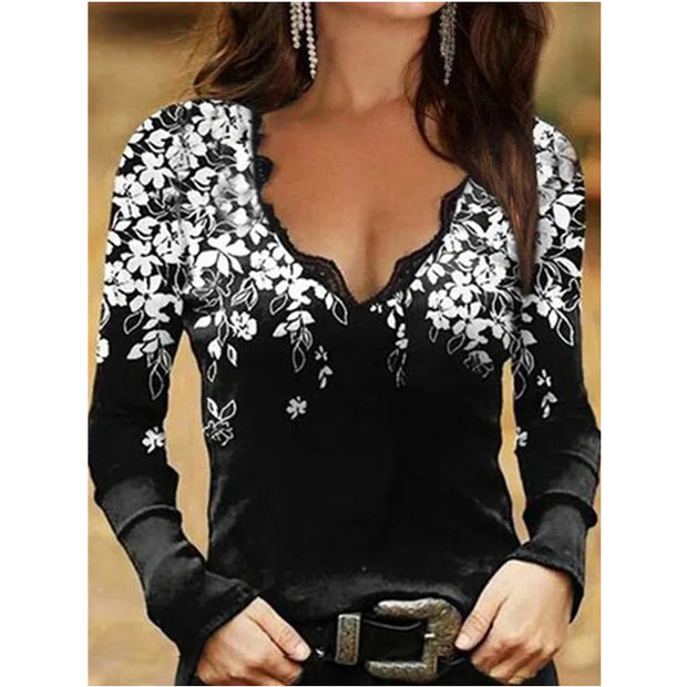 Flower and leaf print casual loose V-neck long-sleeved T-shirt