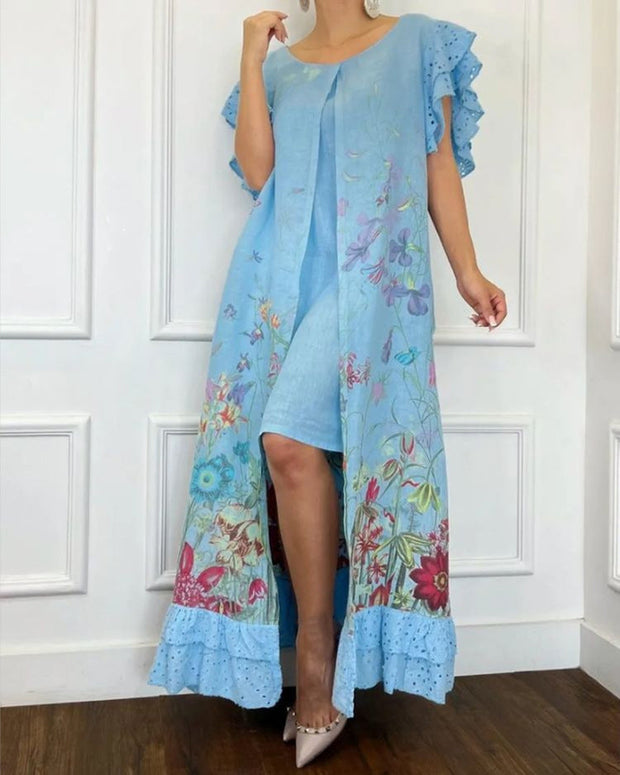 Lace Patchwork Print Fake Two Piece Long Dress