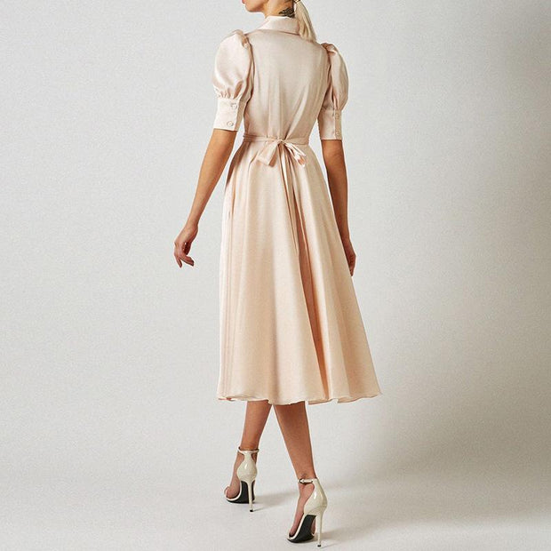 Noble temperament V-neck puff sleeve solid color fashion dress