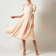 Noble temperament V-neck puff sleeve solid color fashion dress