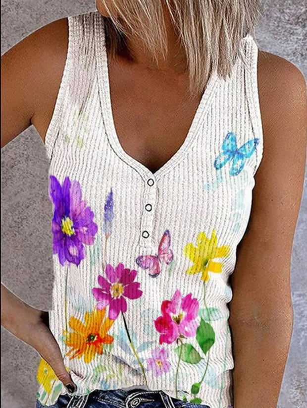 Casual button vest printed V-neck sleeveless T-shirt