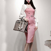 Square collar contrast color double breasted slim slimming mid-length bag hip dress