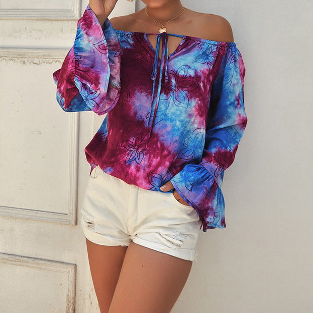 Off-the-shoulder sexy ruffled long-sleeved shirt