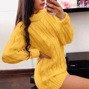 Casual ladies sweater dress winter high neck pullover long sleeve knitted mini bag hip skirt