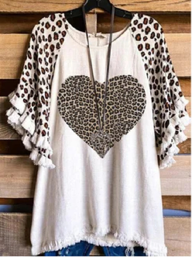 Casual leopard love print round neck loose lace flared sleeves