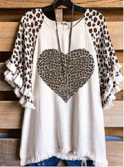 Casual leopard love print round neck loose lace flared sleeves