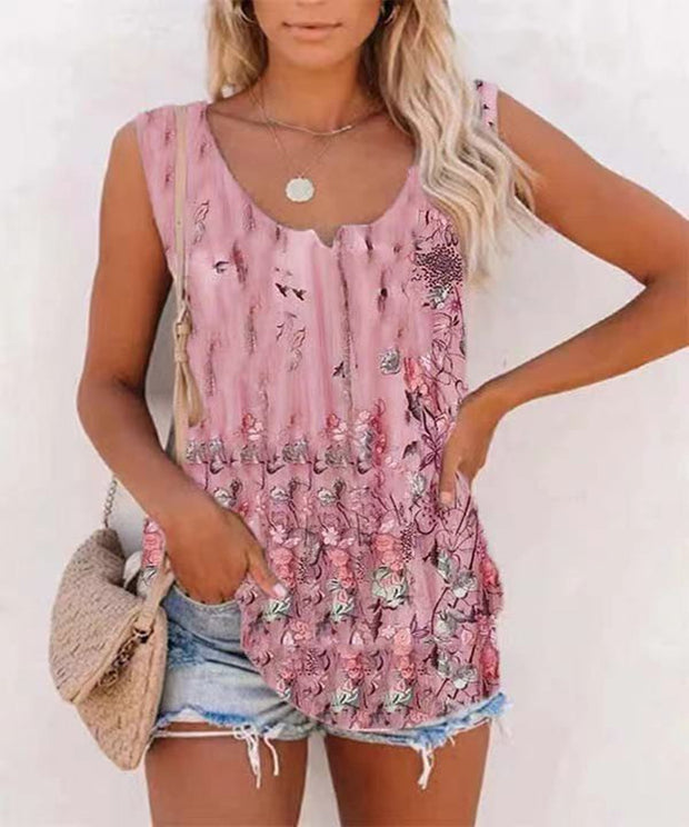 Floral Sleeveless Printed Cotton-blend Crew Neck Holiday Summer Top