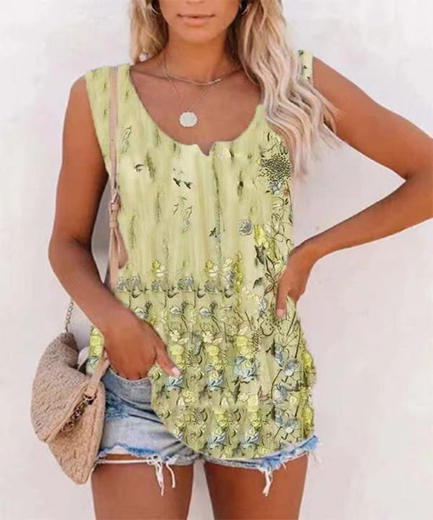 Floral Sleeveless Printed Cotton-blend Crew Neck Holiday Summer Top