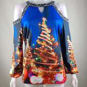 Elk print sexy off-the-shoulder plus size blouse lantern sleeve Christmas women's clothing