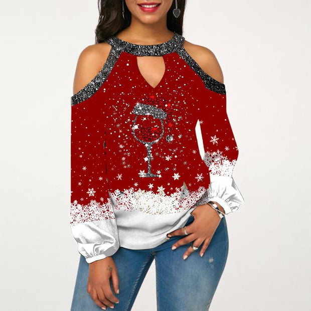 Elk print sexy off-the-shoulder plus size blouse lantern sleeve Christmas women's clothing