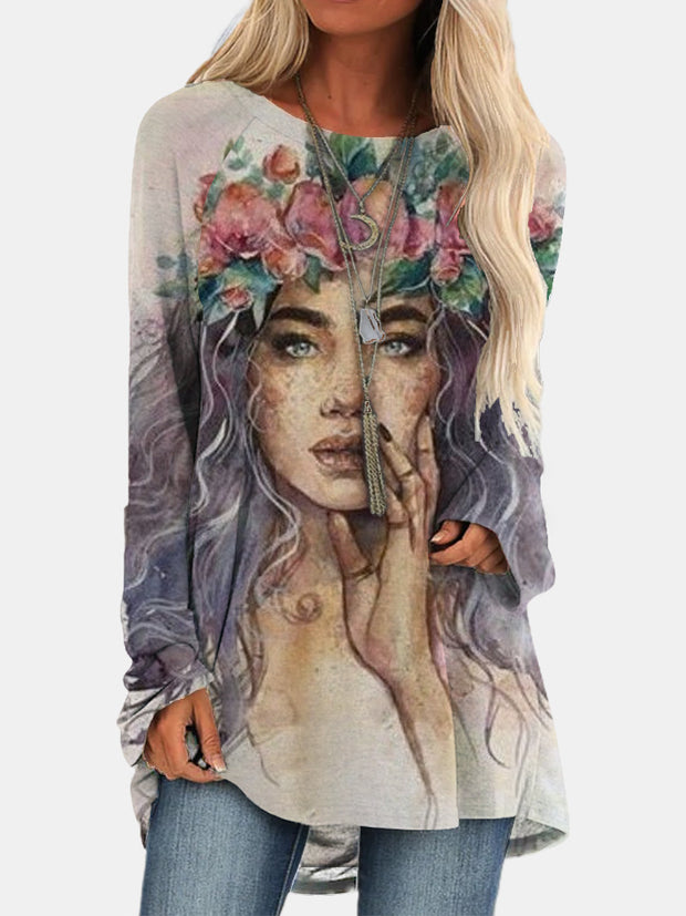 Fashion loose round neck character avatar print long sleeve top