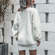 Autumn and winter sweater solid color sexy one-shoulder lantern sleeve loose casual pullover knitted dress