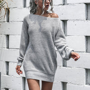 Autumn and winter sweater solid color sexy one-shoulder lantern sleeve loose casual pullover knitted dress