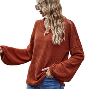 Fashion all-match loose V-neck sweater lantern sleeve top