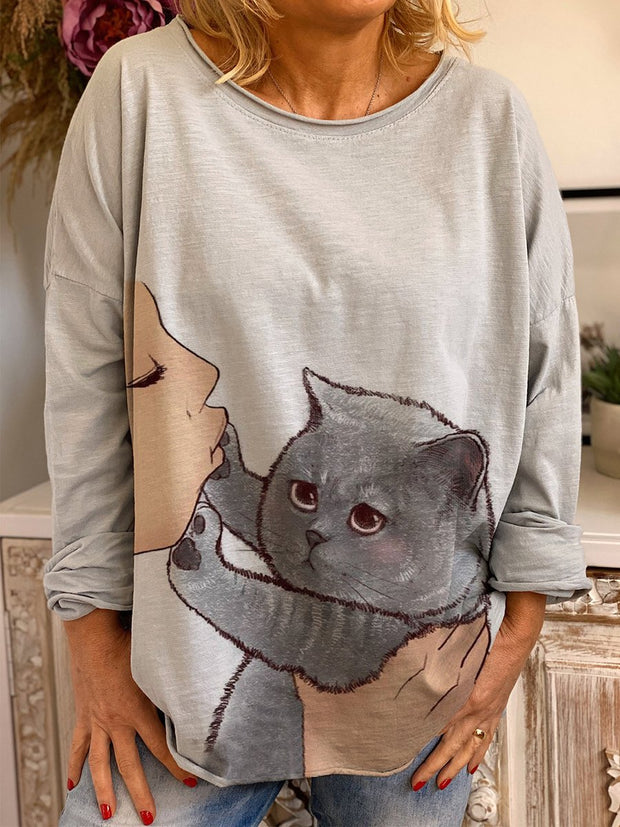Fashion No Kisses cat pattern long-sleeved casual T-shirt top women