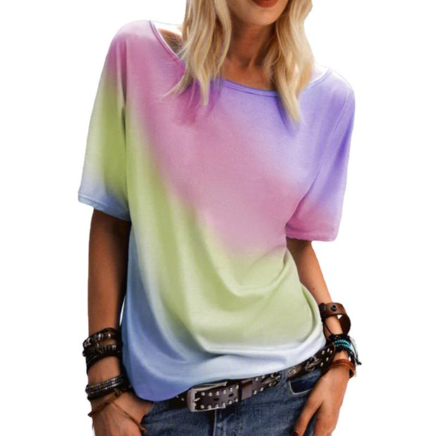 Casual round neck rainbow printed t-shirt loose top