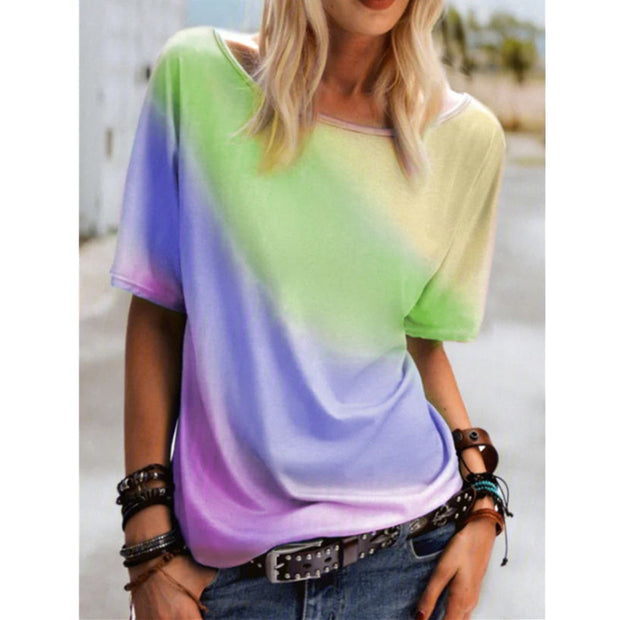 Casual round neck rainbow printed t-shirt loose top
