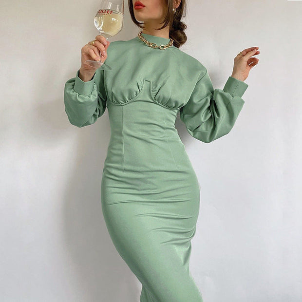 Chic round neck knitted slim green long sleeves bodycon dress